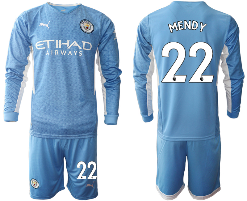Men 2021-2022 Club Manchester city home Light blue Long Sleeve #22 Soccer Jersey